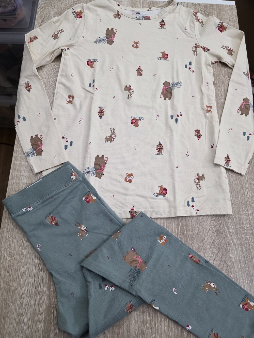 H&M Girls Cream Top & Teal Pants Cute Animals Holiday Outfit Set Size 8-10